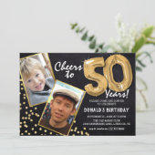 Chalkboard Gold Balloons 2 Photo 50th Birthday Invitation (Standing Front)