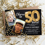Chalkboard Gold Balloons 2 Photo 50th Birthday Invitation<br><div class="desc">Celebrating the BIG 50! These invites allow you to upload a before and after photograph of the birthday man or woman in a gold frame, with the title 'Cheers to 50 Years!'. Featuring a rustic chalkboard background, gold number helium balloons, gold glitter flecks and a simple birthday party template that...</div>