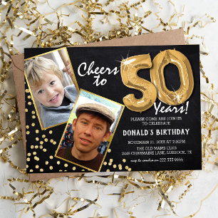 Chalkboard Gold Balloons 2 Photo 50th Birthday Invitation