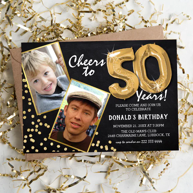 Chalkboard Gold Balloons 2 Photo 50th Birthday Invitation | Zazzle