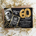 Chalkboard Gold Balloons 2 Photo 60th Birthday Invitation<br><div class="desc">Celebrating the BIG 60! These invites allow you to upload a before and after photograph of the birthday man or woman in a gold frame, with the title 'Cheers to 60 Years!'. Featuring a rustic chalkboard background, gold number helium balloons, faux gold glitter flecks and a simple birthday party template...</div>