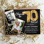 Chalkboard Gold Balloons 2 Photo 70th Birthday Invitation<br><div class="desc">Celebrate the milestone of stepping into the magnificent 70s with these unique 'Chalkboard Gold Balloons 70th Birthday Invitations'. Enriched with a rustic chalkboard background and shimmering faux gold glitter flecks, these invites exude vintage charm and modern elegance. Upload a then-and-now photo of the birthday star and customize the easy-to-use template...</div>