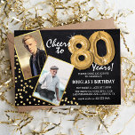 Chalkboard Gold Balloons 2 Photo 80th Birthday Invitation<br><div class="desc">Celebrating the BIG 80! These invites allow you to upload a before and after photograph of the birthday man or woman in a gold frame, with the title 'Cheers to 80 Years!'. Featuring a rustic chalkboard background, gold number eighty helium balloons, faux gold glitter flecks and a simple birthday party...</div>