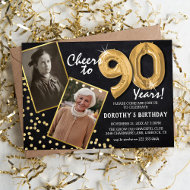 Chalkboard Gold Balloons 2 Photo 90th Birthday Invitation