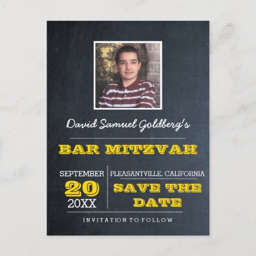 Chalkboard Gold Bar Mitzvah Photo Save the Date Announcement Postcard