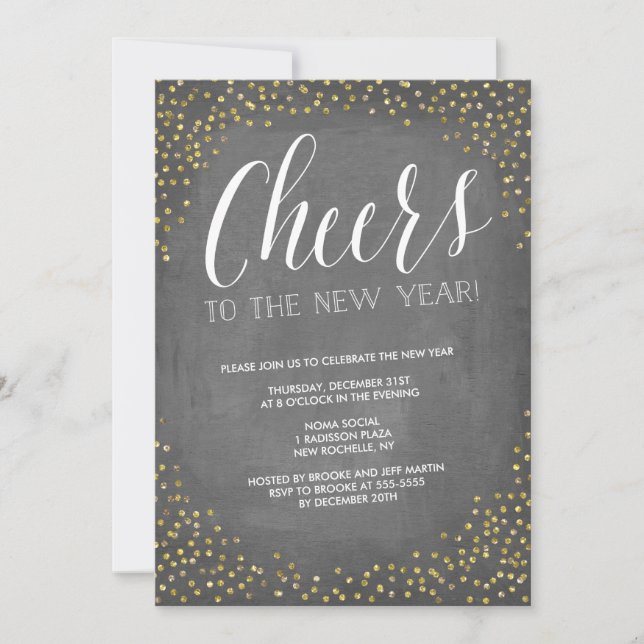 Chalkboard Gold Cheers New Year's Eve Party Invitation (Front)
