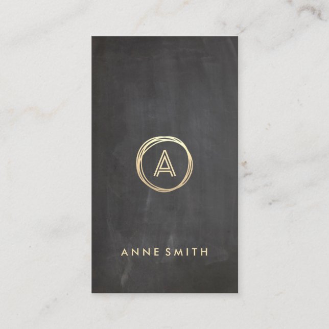 Chalkboard Gold Circle Modern Monogram Vertical Business Card (Front)