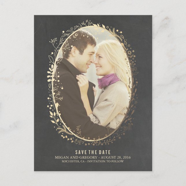 chalkboard gold floral frame photo save the date announcement postcard (Front)