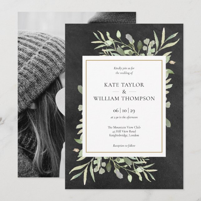 Chalkboard Gold Geometric Greenery Photo Wedding Invitation (Front/Back)