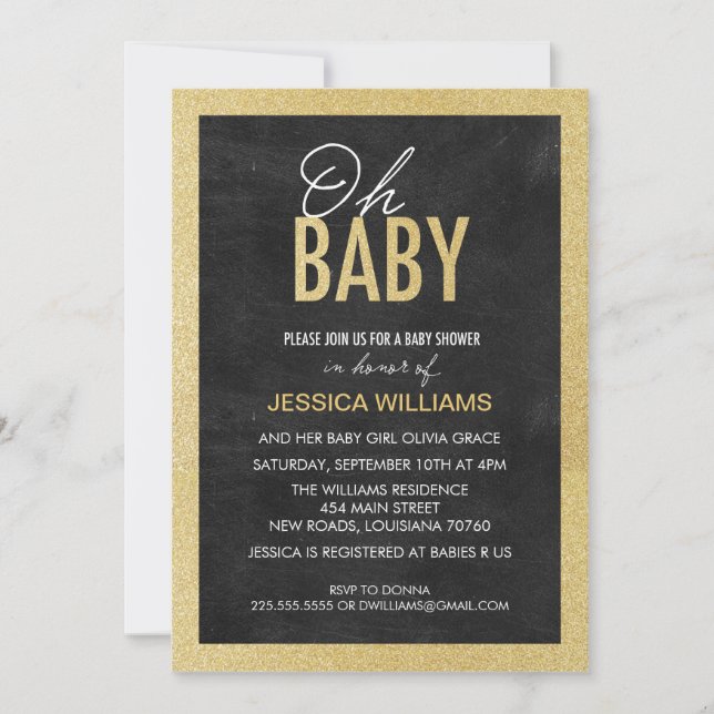 Chalkboard & Gold Glitter Baby Shower Invitations (Front)