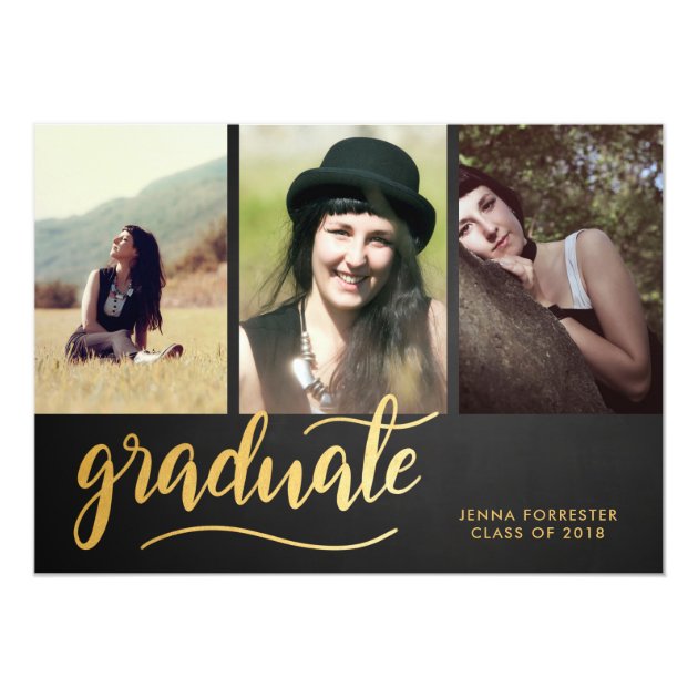 Chalkboard Gold Graduate Script | Three Photo Card