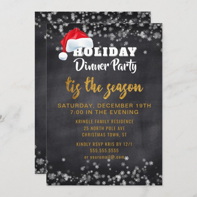 Chalkboard Gold Holiday Dinner Party Invitation (Front/Back)