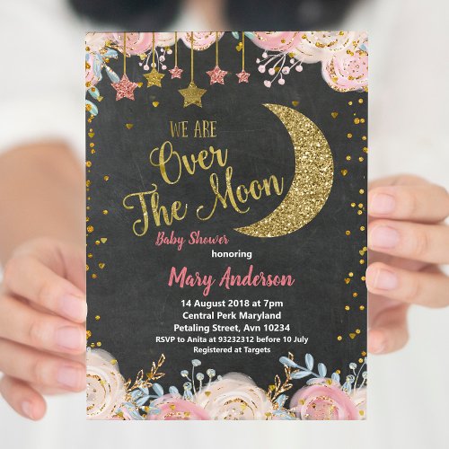 Chalkboard Gold Moon Baby Shower for girl Invitation