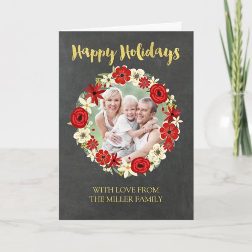 Chalkboard Gold Red Wreath Happy Holidays Photo Holiday Card