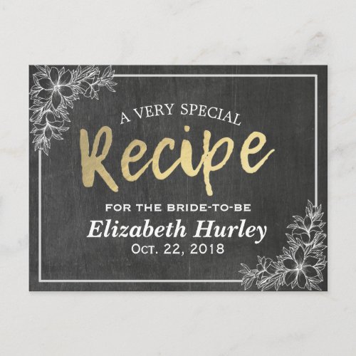 Chalkboard Gold Script Floral Bridal Shower Recipe Invitation Postcard