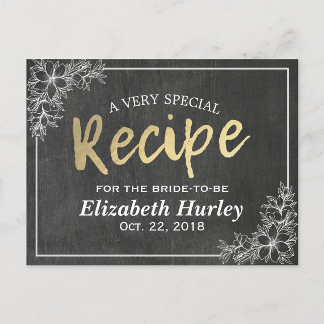 Chalkboard Gold Script Floral Bridal Shower Recipe Invitation Postcard (Front)