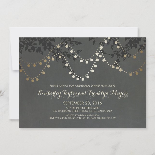Chalkboard Gold String Lights Rehearsal Dinner Invitation (Front)