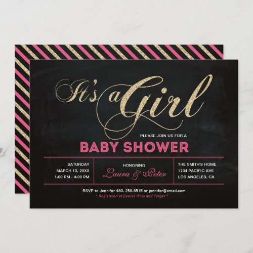 Chalkboard Gold  Typography Girl Baby Shower Invitation