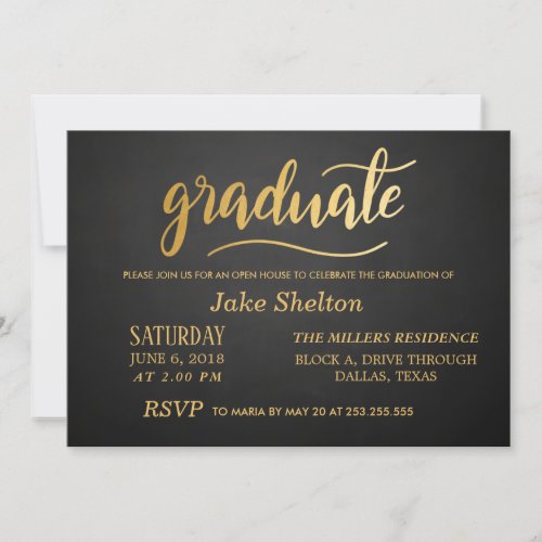 Chalkboard Gold Typography Open House Graduation Invitation