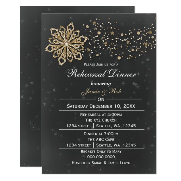 Chalkboard Gold Winter Rehearsal Dinner Invite