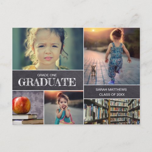 Chalkboard GRADE ONE Graduate Photo Collage Announcement Postcard