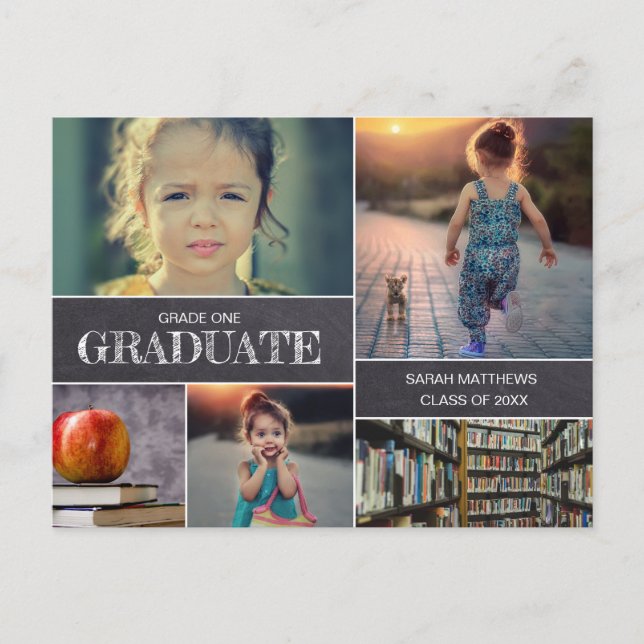Chalkboard GRADE ONE Graduate Photo Collage Announcement Postcard (Front)