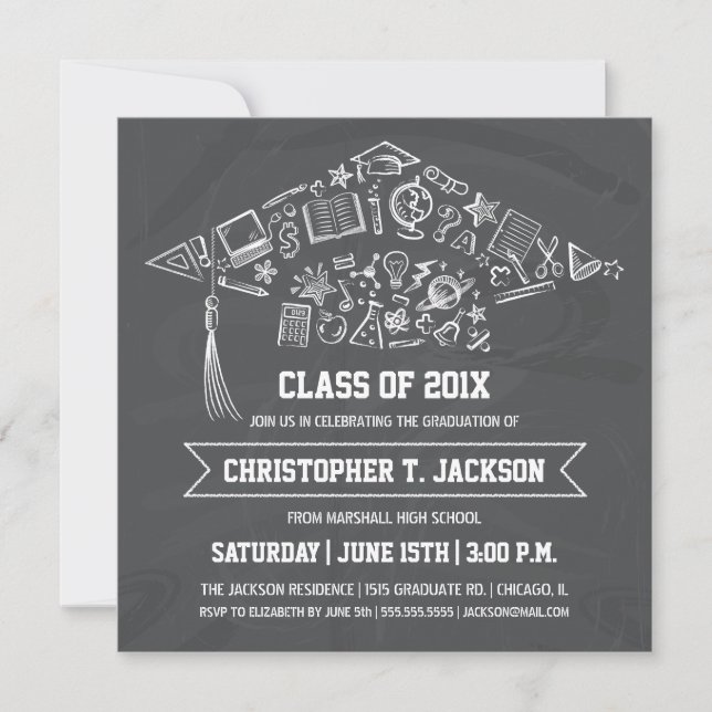 Chalkboard Graduation Cap Invitation with Photo (Front)
