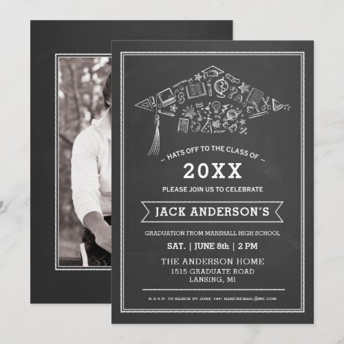 Chalkboard Graduation Cap Party Invitation Photo