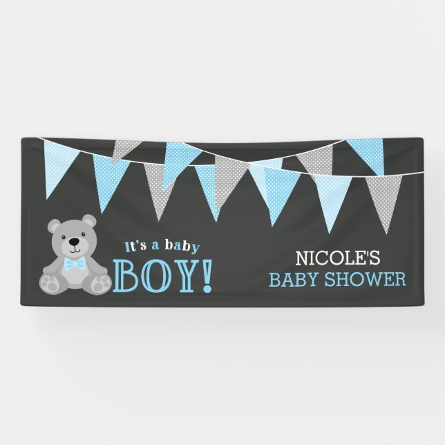 Chalkboard Gray Teddy Bear Boy Baby Shower Banner (Horizontal)