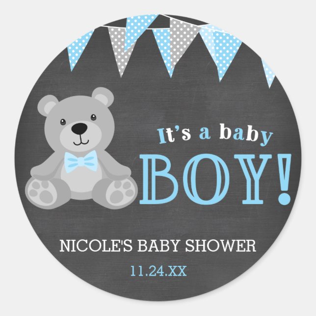 Chalkboard Gray Teddy Bear Boy Baby Shower Classic Round Sticker (Front)