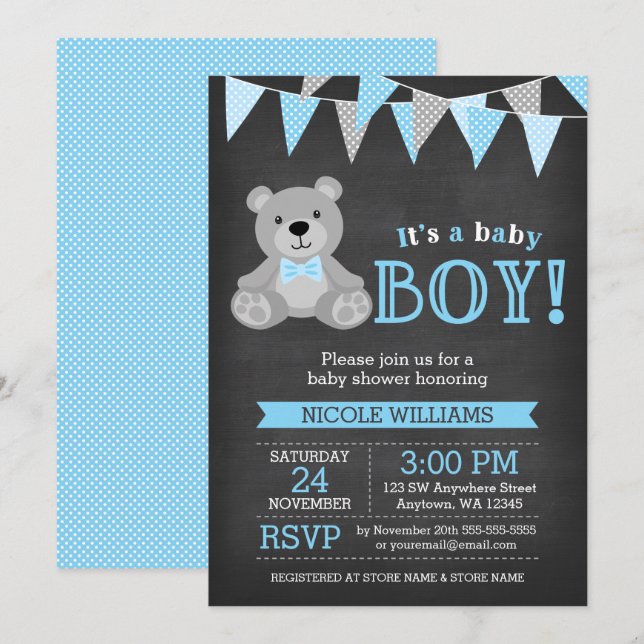 Chalkboard Gray Teddy Bear Boy Baby Shower Invitation (Front/Back)