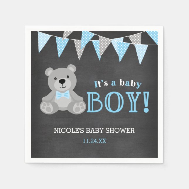 Chalkboard Gray Teddy Bear Boy Baby Shower Napkins (Front)