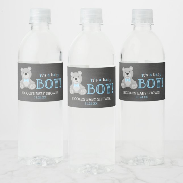 Chalkboard Gray Teddy Bear Boy Baby Shower Water Bottle Label (Bottles)