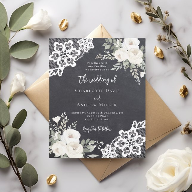 Chalkboard gray white lace wedding invitation (Creator Uploaded)