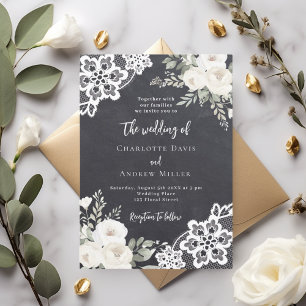 Chalkboard gray white roses lace wedding invitation