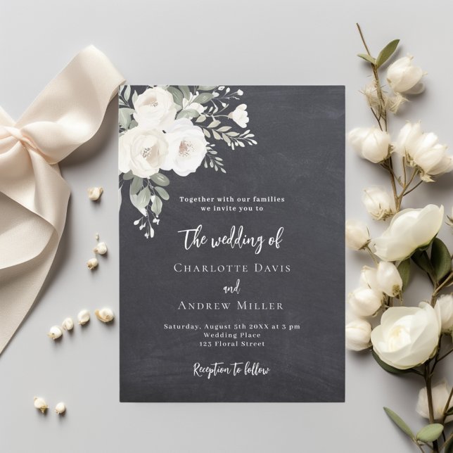Chalkboard gray white roses wedding invitation (Creator Uploaded)