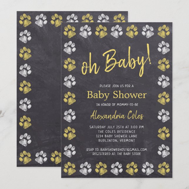 Chalkboard Gray Yellow Paw Print Baby Shower Invitation (Front/Back)