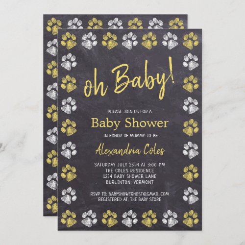 Chalkboard Gray Yellow Paw Print Baby Shower Invitation