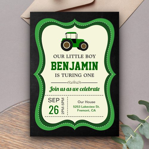 Chalkboard Green Farm Tractor Kids Birthday Party Invitation