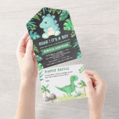 Chalkboard Greenery Cute Teal Dinosaur Baby Shower All In One Invitation (Tearaway)