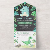 Chalkboard Greenery Cute Teal Dinosaur Baby Shower All In One Invitation (Inside)