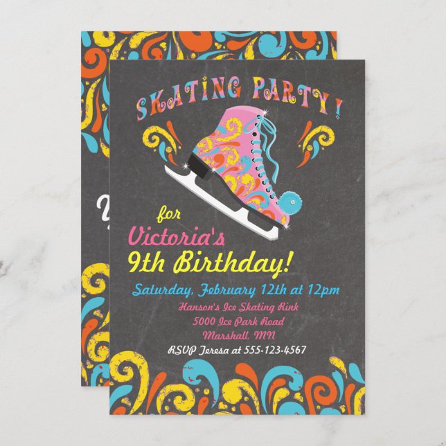 Chalkboard Groovy Ice Skating Party Invitations (Front/Back)