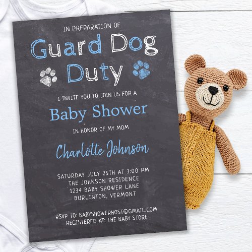 Chalkboard Guard Dog Duty Blue Boy Baby Shower Invitation