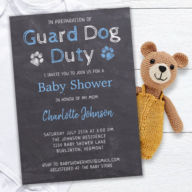 Chalkboard Guard Dog Duty Blue Boy Baby Shower Invitation