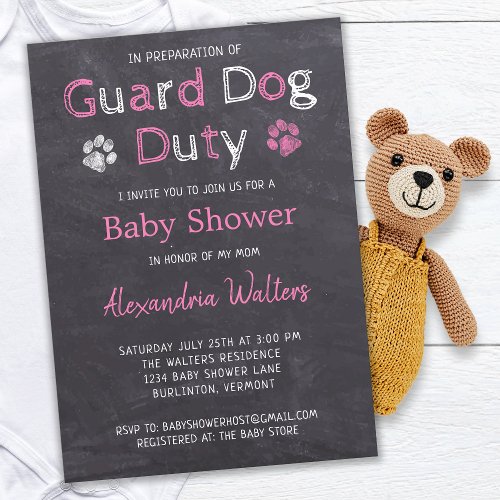 Chalkboard Guard Dog Duty Pink Girl Baby Shower Invitation