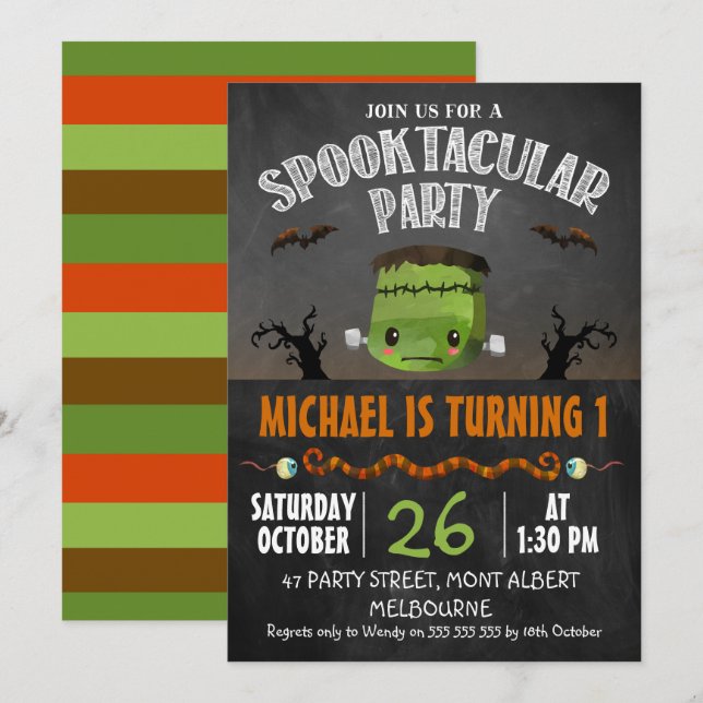 Chalkboard Halloween Frankenstein Birthday Invitation (Front/Back)