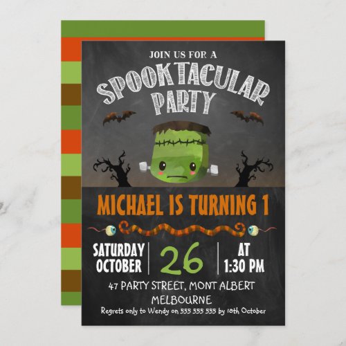 Chalkboard Halloween Frankenstein Birthday Invitation