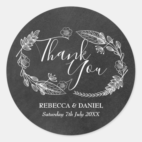 Chalkboard Hand_drawn Floral Garland Thank You Classic Round Sticker