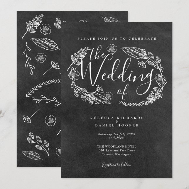 Chalkboard Hand-drawn Floral Garland Wedding Invitation (Front/Back)