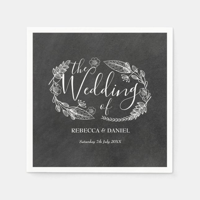 Chalkboard Hand-drawn Floral Garland  Wedding Napkins (Front)